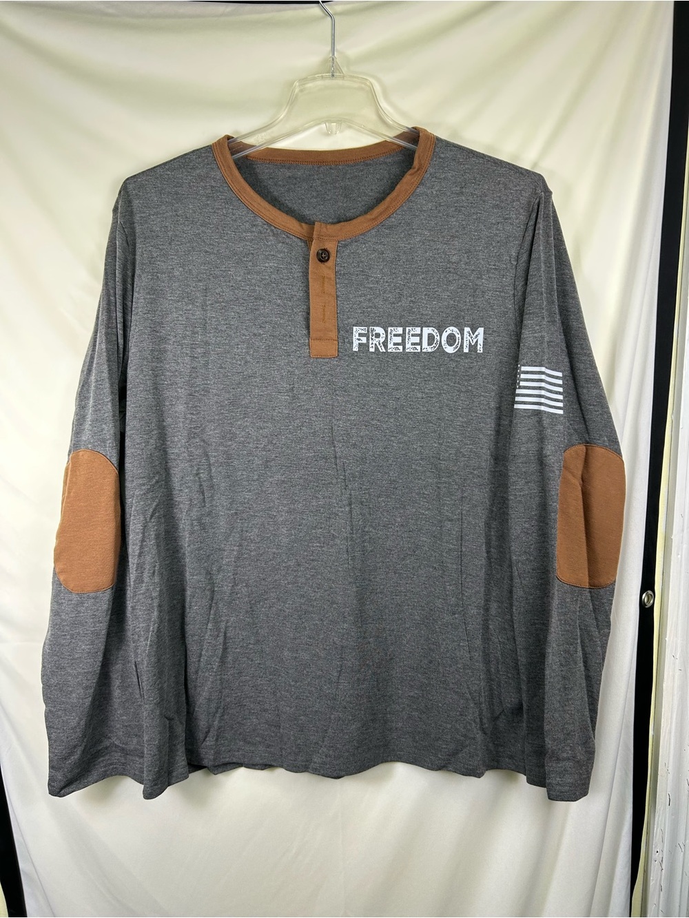 Freedom Men's Gray Henley Long Sleeve Shirt with Brown Trim